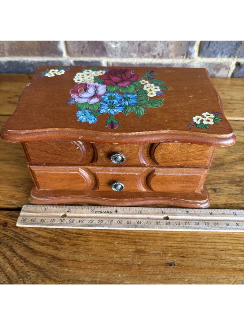 Vintage Small  Wooden Jewelry Box With Drawer Floral Decoupage Rub-on Transfer